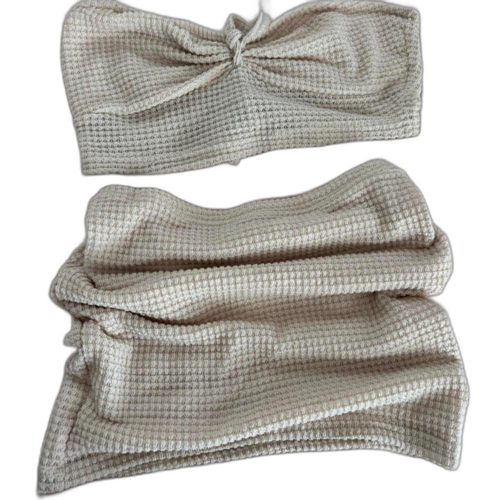NWOT SHEIN Women's Cream and White Waffle Set Summer Tie Ruched Two-Piece